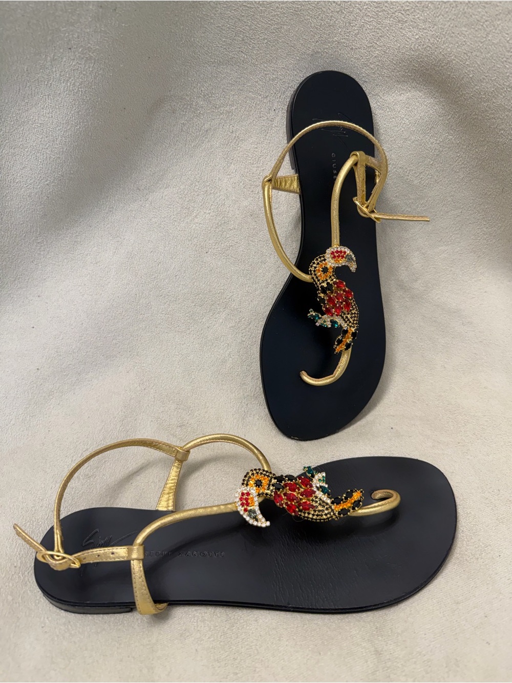 Giuseppe Zanotti Black and Gold Sandals with Beaded Parrot Details